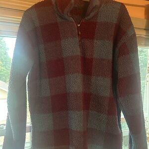 Eddie Bauer Red and Blue Checkered Zip-Up Sweater